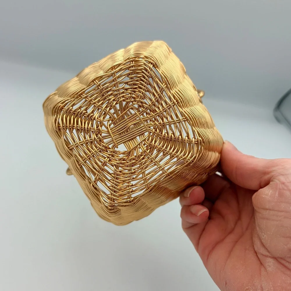 Gold Wire‎ Woven Square Basket With Handle Trinket Candy Storage Organizer